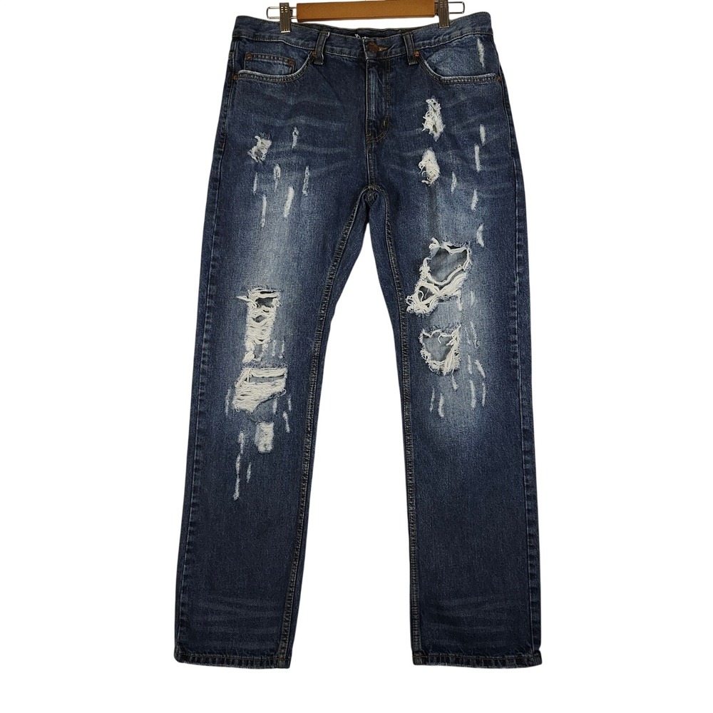 Refuel Mens Straight Fit Distressed Blue Jeans Size 36x32